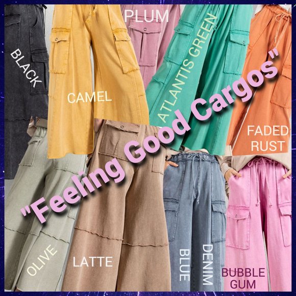 EASEL “Feeling Good Cargos” Mineral Washed Flared Leg, Raw Seams & Hems, Pockets - Picture 12 of 12